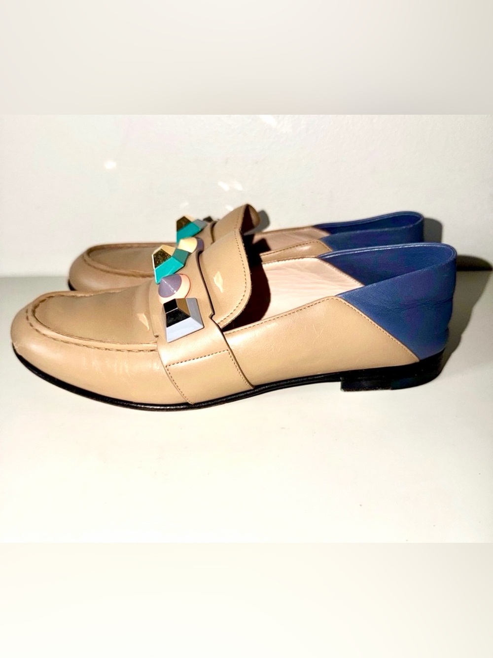Fendi 37.5 Beige Leather Multicolor Stud Embellished Loafers Flats Italy
